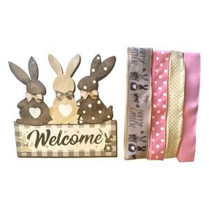 Easter Bunny Welcome Sign & Ribbon Bundle, Farmhouse Easter Wreath Supplies